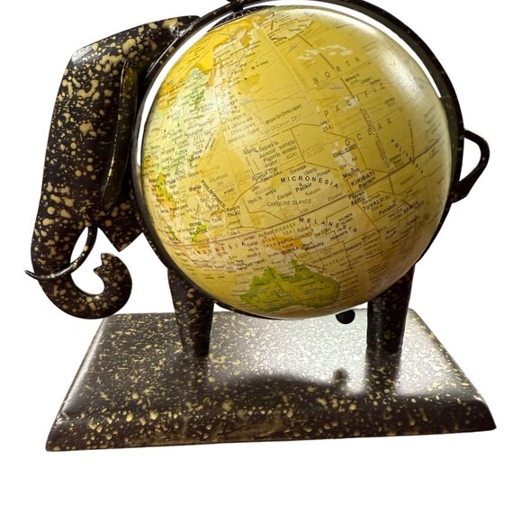 Vintage Elephant-Themed Globe With Speckled Black & Gold Metal Stand - Picture 2 of 9